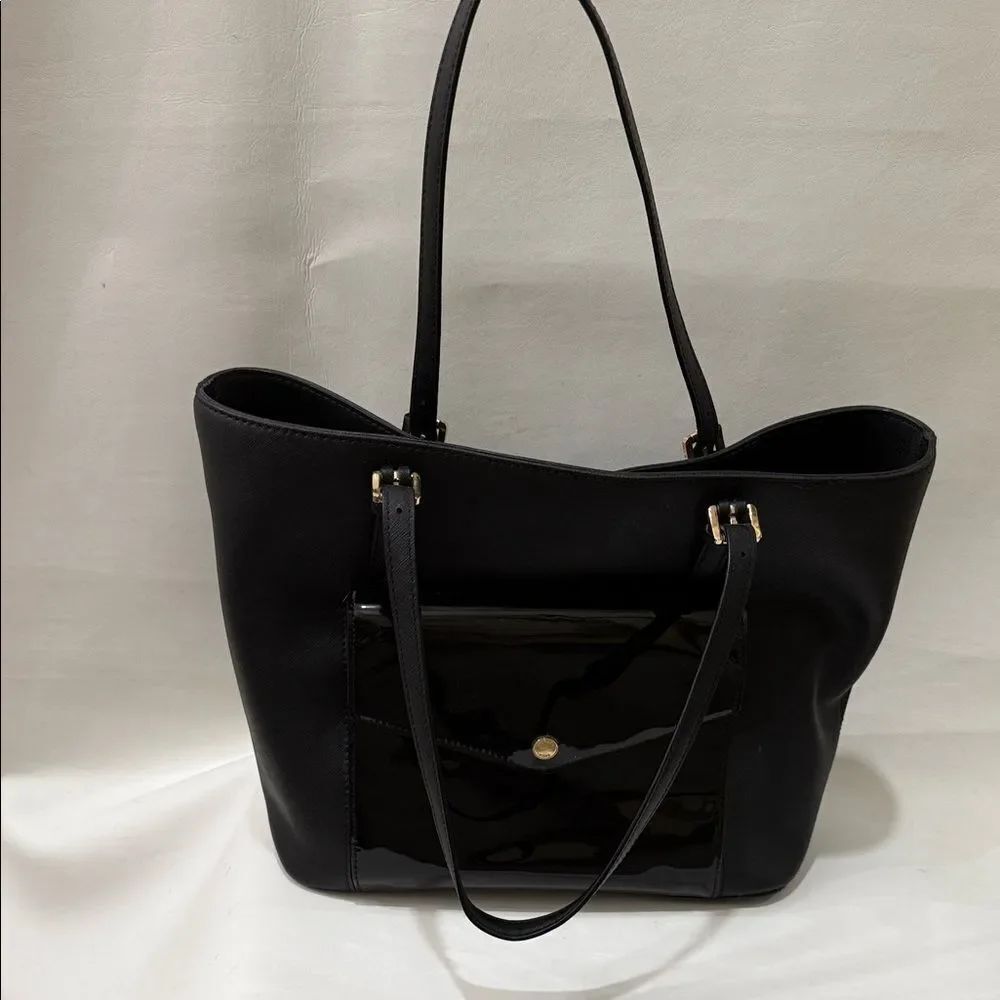 Michael Kors Large Jet Set Multipurpose Black Tote Bag Patent Leather Pocket